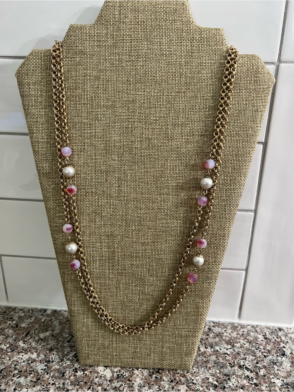 Vintage Coro Long Chain Necklace with Pink Beads and Pearls 60 inches